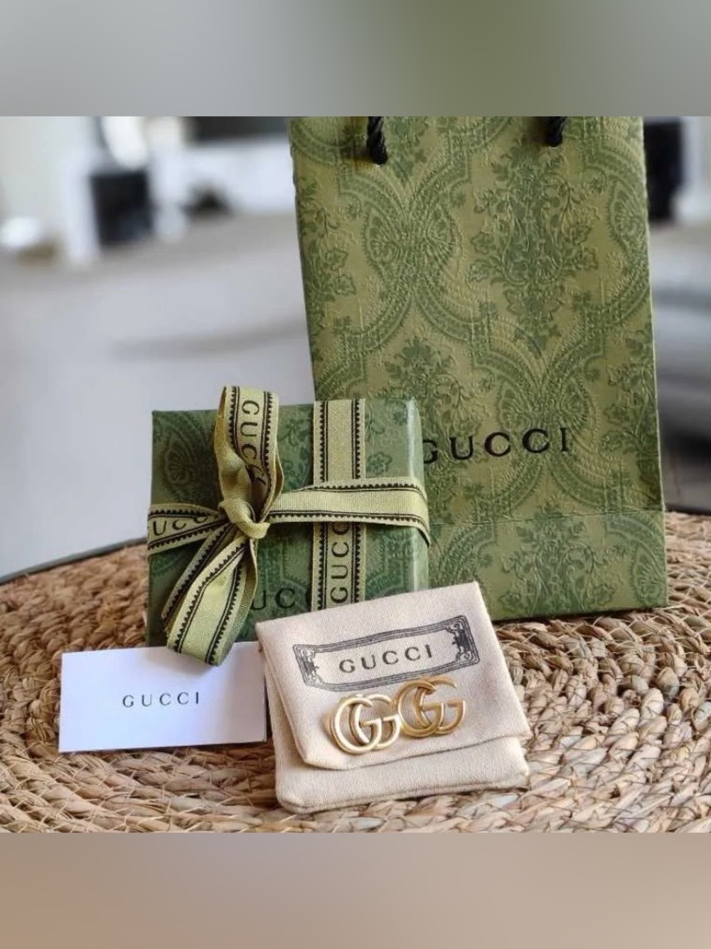 Gucci Gold tone Double G Logo Earrings with Branded Pouch